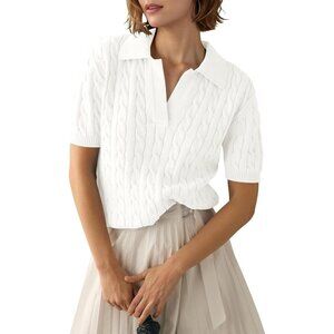 Womens White Short Sleeve Sweater Top Cable Knit Casual Summer V Neck Polo Shirt